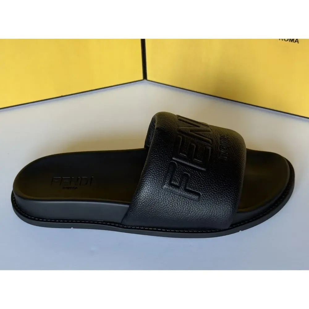Fendi Men's Roma Leather Slide Sandals Black 8 US/7 UK IT 7X1649 NIB $750